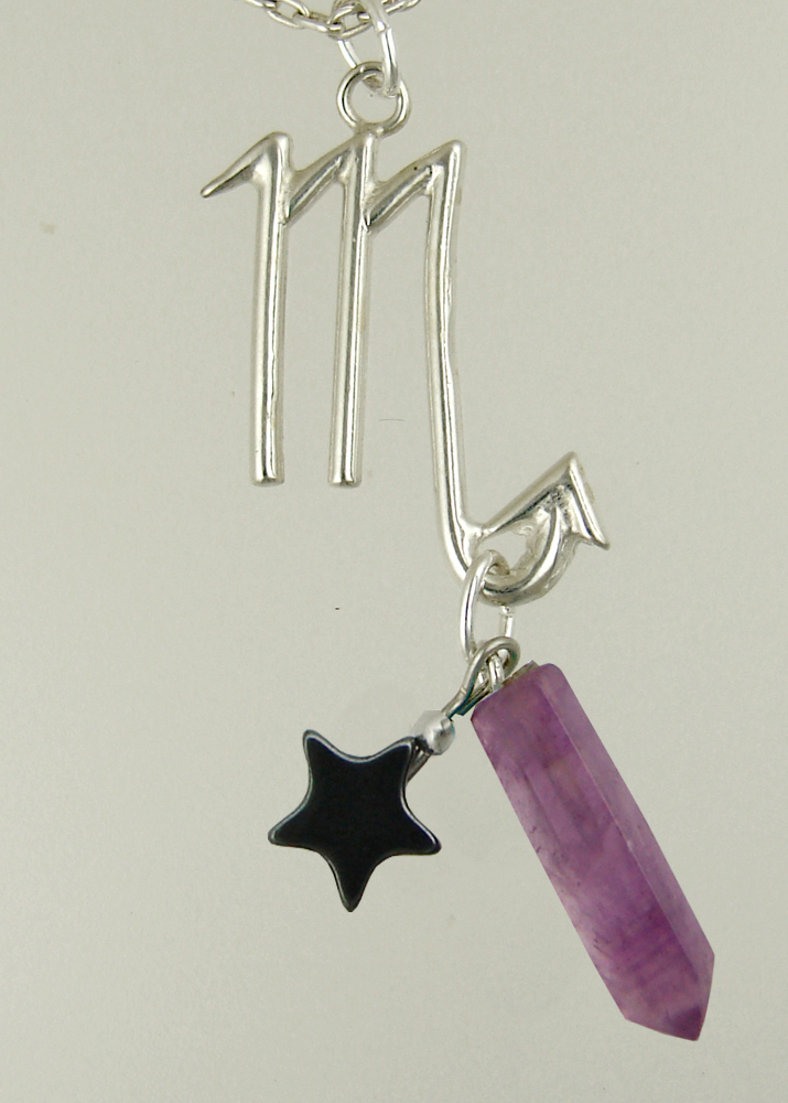 Sterling Silver Scorpio Pendant Necklace With an Amethyst Crystal And a Black Onyx Star